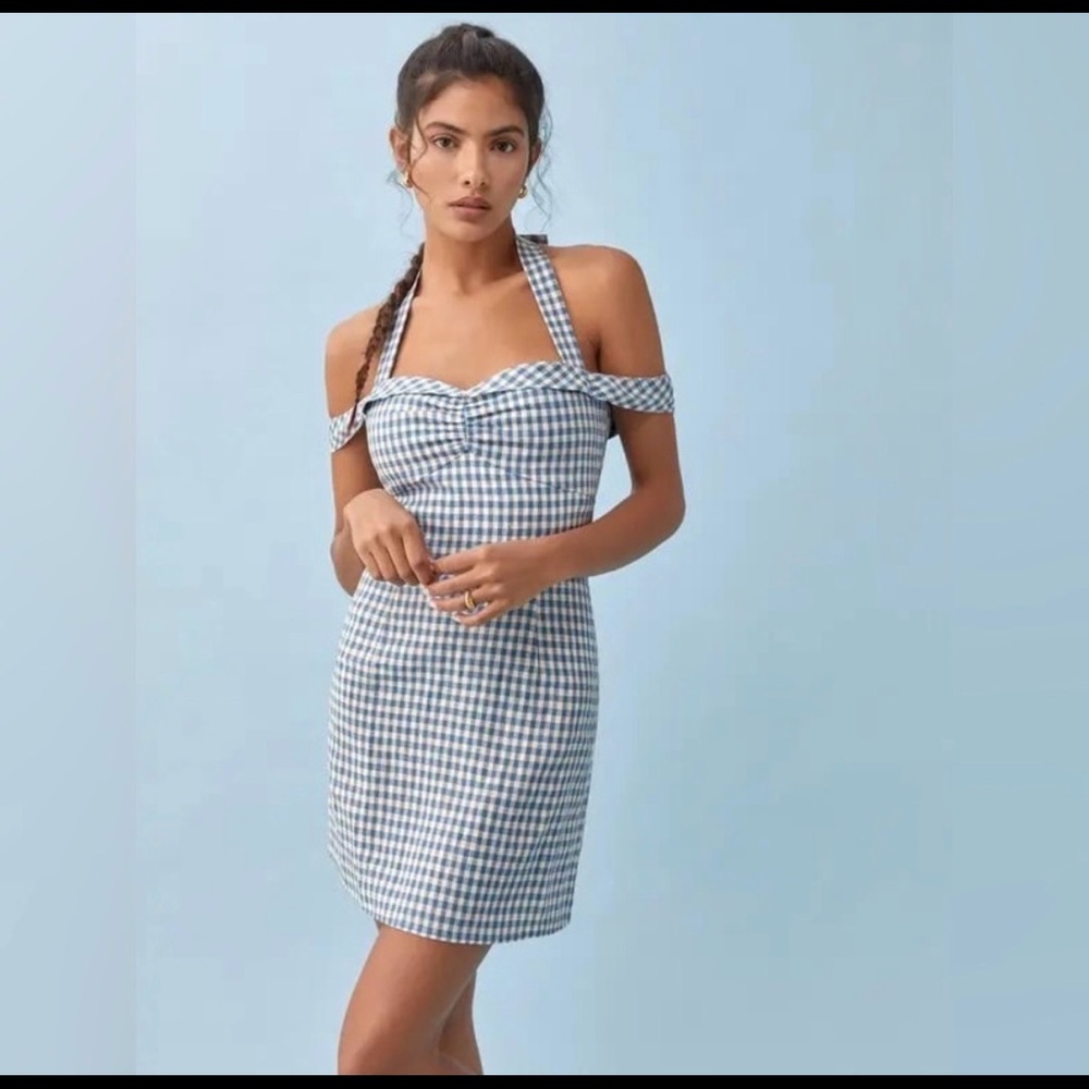 REFORMATION Sanford Linen Dress - Azure Check - size 6